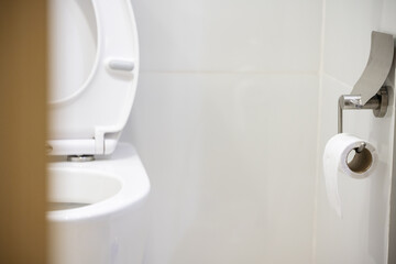 Fototapeta premium White toilet bowl and tissue paper roll in the bathroom at home.Ceramic wc bowl and roll of toilet in bathroom with modern interior.Modern toilet concept.