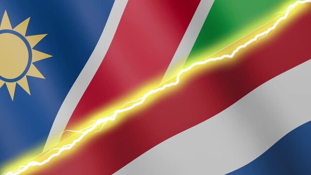 Two waving flags Namibia and Netherlands with diagonal lightning seamless, 4k loop