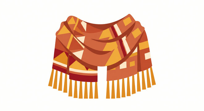 Cozy autumn patterned scarf with fringe vector illustration isolated on white background