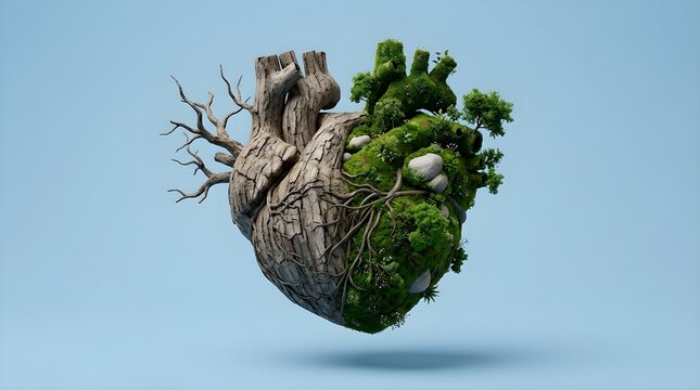 Conceptual human anatomical heart split 3D rendering artwork showing half dry dead tree bark texture with bare branches and half lush green living forest environment with trees, moss, grass, rocks, an