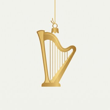 Golden musical harp Christmas ornament vector illustration. Elegant hanging instrument icon isolated on light background for holiday designs.