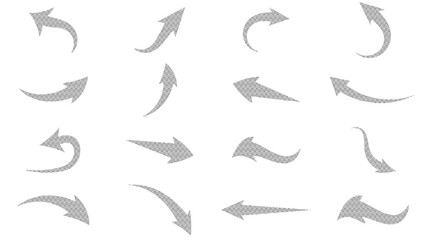 Obraz premium Vector mega set of curved sketch textured arrows with horizontal hatch lines 
