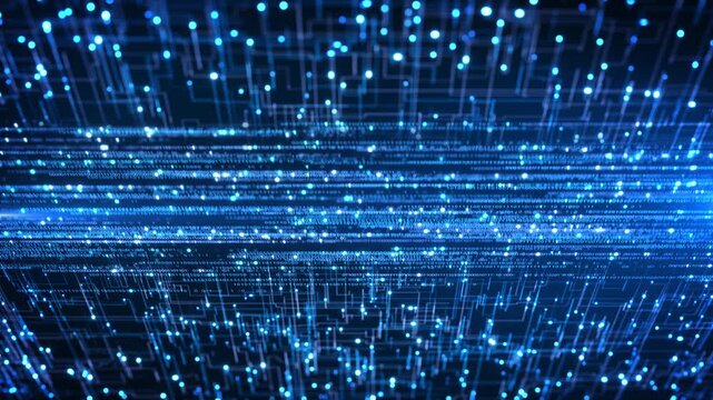 Futuristic information field combines binary numbers, luminous nodes circuit-style connections. AI, big data, machine learning, network security, digital transformation enterprise technology visuals.