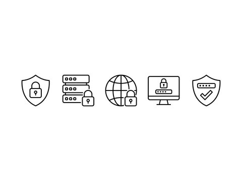Cyber security, data protection, secure server, global network and password login line style icons vector illustration