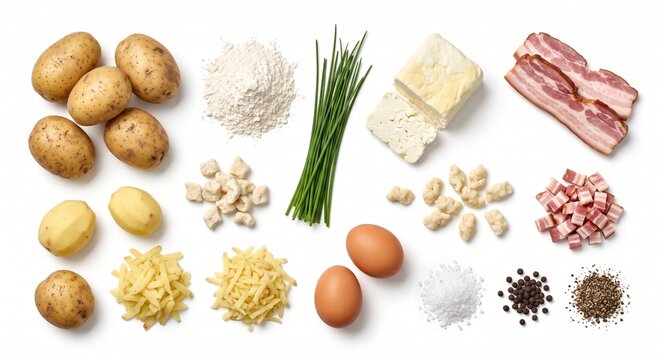 Traditional Slovak Bryndzov&eacute; Halu&scaron;ky Ingredients with Potato, Sheep Cheese and Bacon
