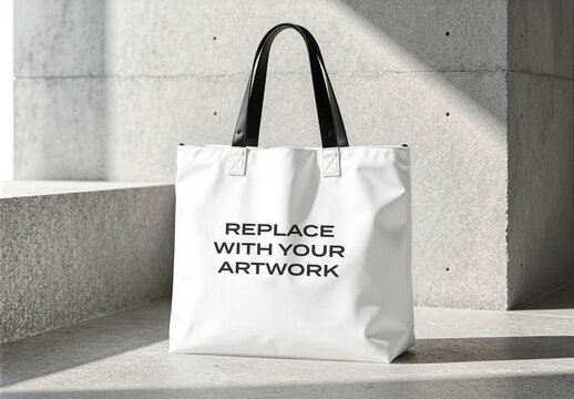 Tote bag mockup with black handles placed on concrete steps in a minimalist urban outdoor setting, product display template for branding and graphic design, print demand presentation