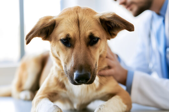 Rescued stray dog being gently examined by a veterinarian in a modern clinic, symbol of care and recovery