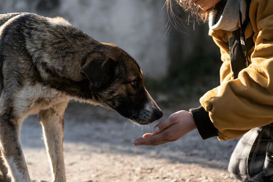 Animal rescue volunteer kneeling and offering a hand to a cautious stray dog, first moment of trust and connection