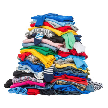 A large pile of colorful folded clothes isolated on transparent background
