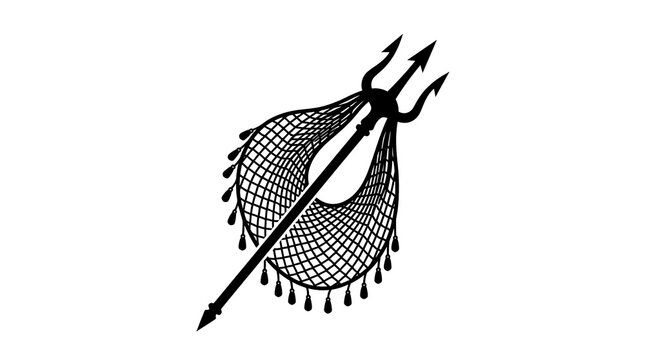 Trident and fishing net black silhouette isolated on white