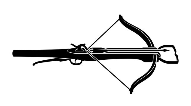 Black silhouette of a vintage medieval crossbow on white background