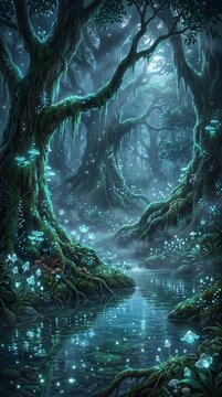Atmospheric fantasy forest illuminated by bioluminescent plants and glowing natural elements surrounding a peaceful woodland stream. Deep blue tones, ancient trees, mist,fantasy, wellness,environment