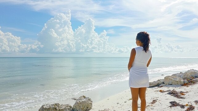 A woman in her third trimester enjoying a peaceful moment at the beach, looking at the horizon.