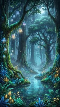 Enchanted Glowing Forest with Bioluminescent Plants and Water