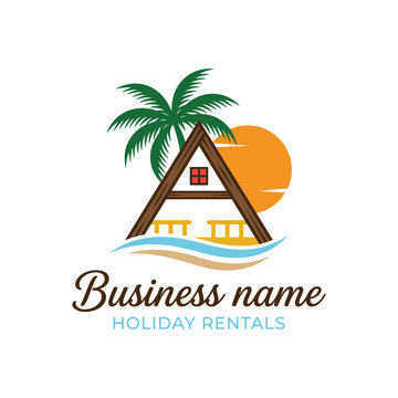 Tropical holiday rentals logo with cabin and palm tree.