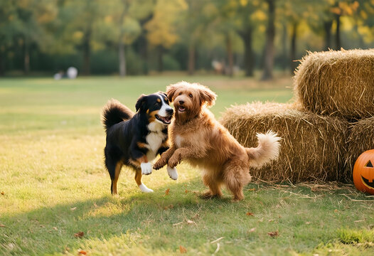 Autumn dog playdate and halloween fun, two happy dogs playing in a park with hay bales and a carved pumpkin