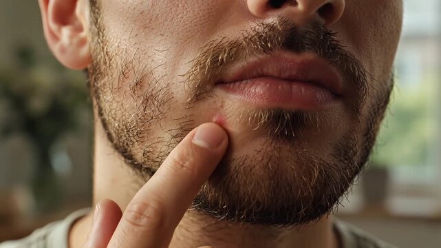 Man Touching Acne Pimple on Chin.
