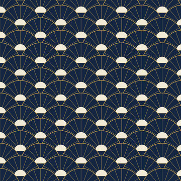 Art deco gold fan pattern on navy blue elegant vintage background