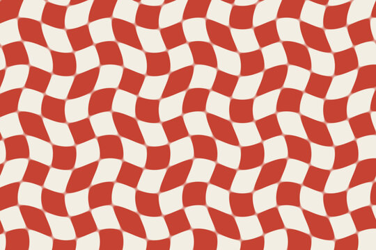 Warped checkerboard pattern in red and cream retro wavy checker