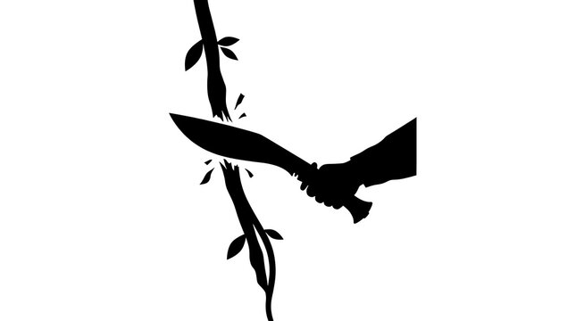 Silhouette of a hand cutting a thick vine with a machete