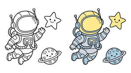 Embark on a cosmic journey with this delightful astronaut coloring page featuring stars and planets for creative exploration and fun © Mobaidul