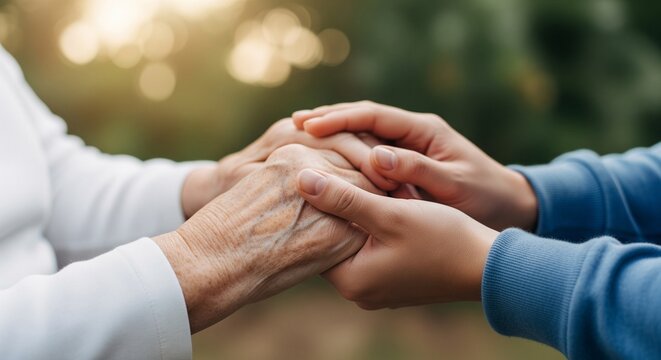 Gentle hands of a younger person holding the weathered hands of an elderly person, symbolizing care