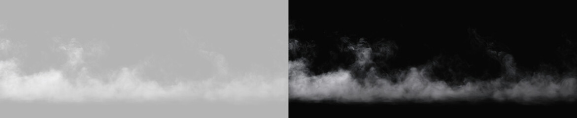 Fototapeta premium White Fog Smoke Wispy Horizon Line Ground Mist Creeping Haze Overlay Isolated on Grey and Black Backgrounds