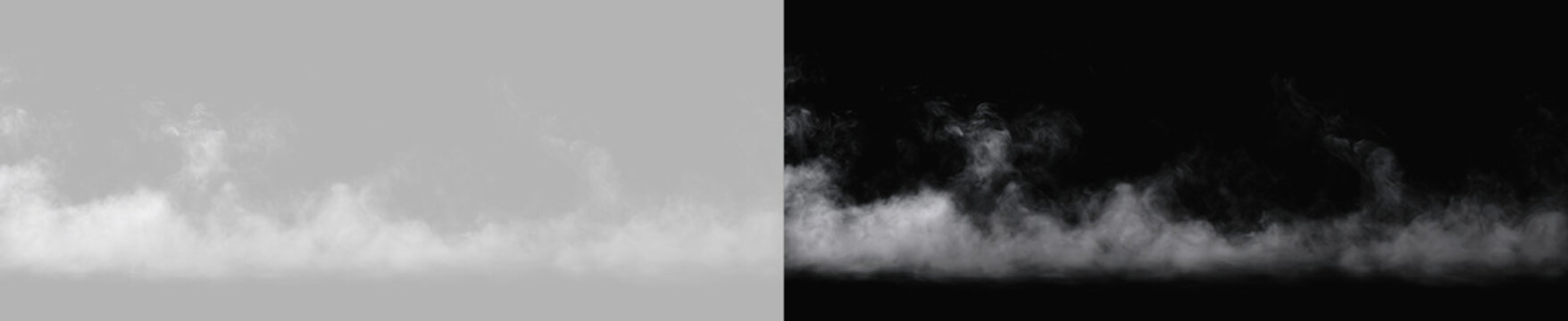 White Fog Smoke Wispy Horizon Line Ground Mist Creeping Haze Overlay Isolated on Grey and Black Backgrounds