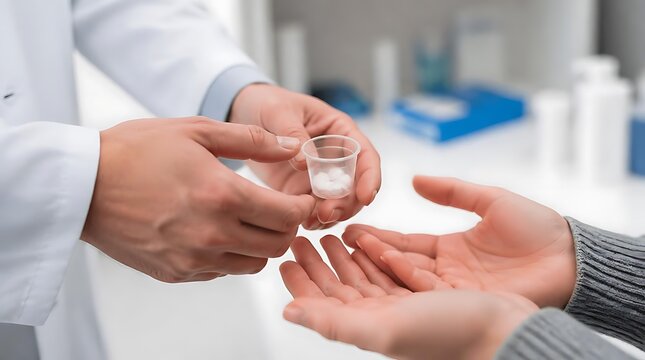 medical professional handing over a small drug sample cup to a patient in a clinical setting