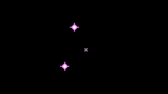 Pixel art sparkling winking purple stars. Pixelated fierworks in retro 8 bit arcade game style. 4K footage on transparent background