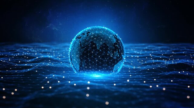 Digital Earth glows inside a dynamic field of connected nodes and flowing network waves, worldwide data exchange, cloud infrastructure, communications, enterprise technology and connected systems.