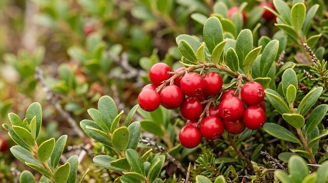 Fresh red lingonberry fruits growing on a green bush in the wild forest. american bearberry