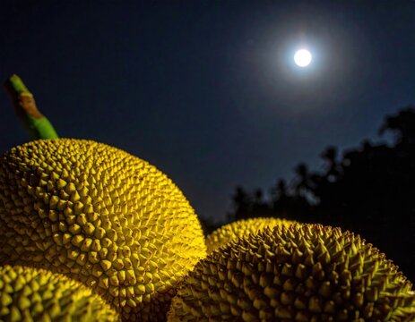 Ripe jackfruit texture under bright full moon night sky.