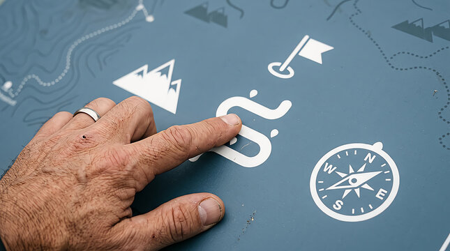 Close up of a man hand pointing at navigation icons on a blue map surface featuring compass mountain and destination flag concepts for travel planning
