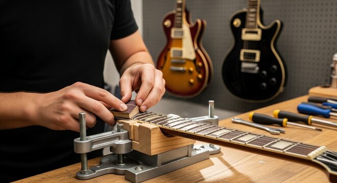 Guitarist carefully working on fretboard maintenance, polishing frets with a sanding block to ensure