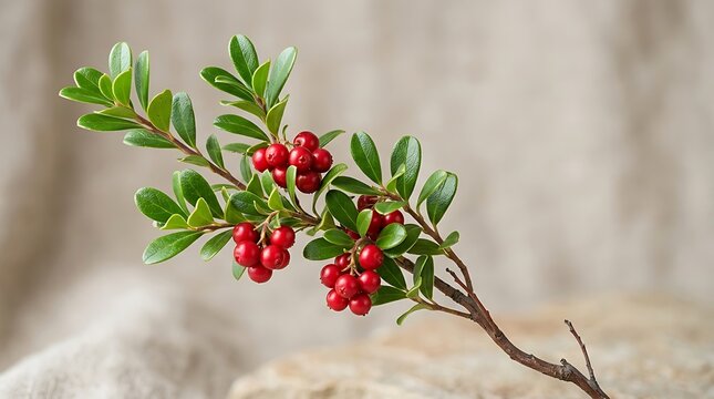 Fresh lingonberry branch with bright red berries and green leaves. american bearberry