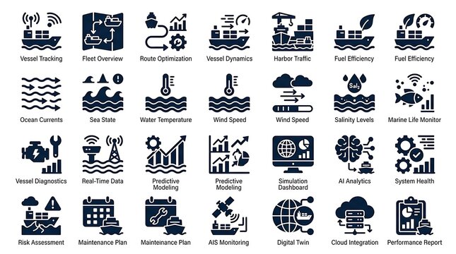 Professional Marine Logistics and Fleet Management Icon Set featuring Vessel Tracking, Fuel Efficiency, and Predictive Maintenance Analytics
