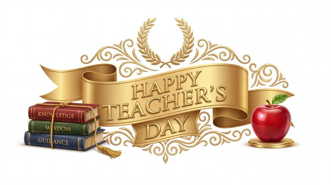 A festive gold banner celebrating happy teachers day featuring a stack of vintage books and a shiny red apple
