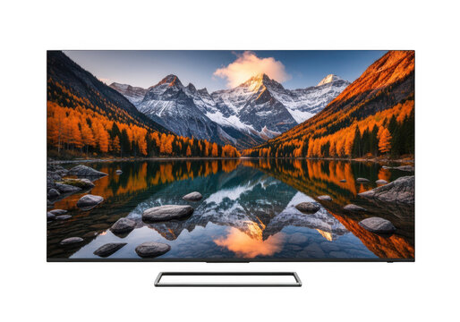 Flat screen tv with mountain and lake scenery isolated on transparent background