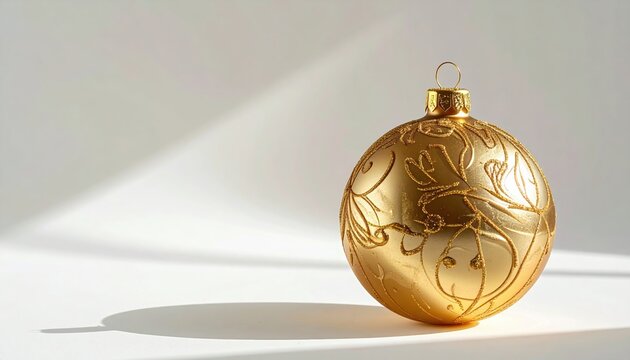 Minimal gold ornament with soft shadow on white background, refined holiday composition