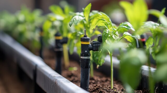 Automated drip irrigation system delivering precision water supply to green seedlings growing in garden bed with nurtured modern automated plants being nurtured
