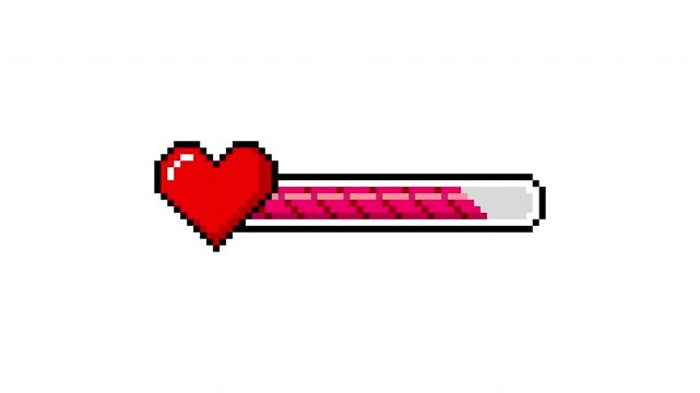 Loading bar pixel with heart. Pixelated progress bar movie. 4K animation in retro 8 bit arcade game style on transparent background