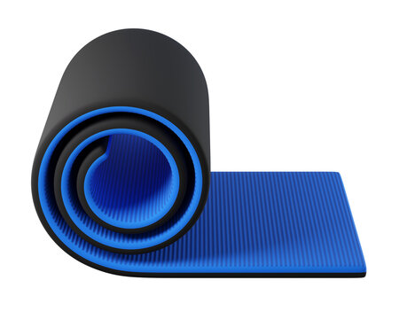 3d Black and Blue Yoga Mat Isolated. Premium fitness icon for yoga, balance training, meditation, pilates and home gym. 3d render
