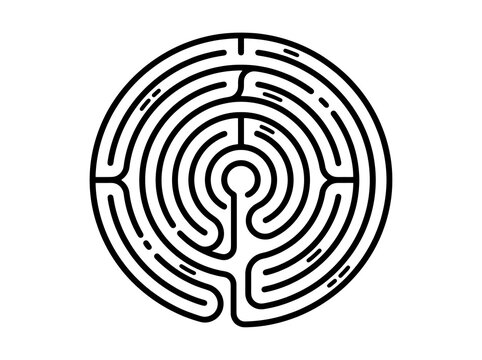 Circle maze labyrinth with intricate paths leading to the center while symbolizing complexity and decisions