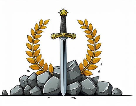 broken sword thrust into pile of stones with victory laurel wreath around hilt