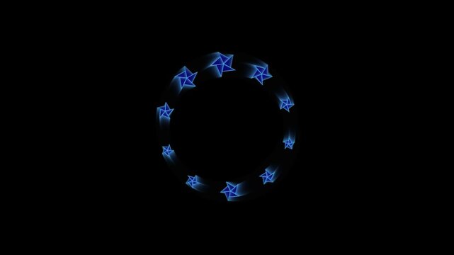 Neon Geometric Stars Rotating in a Circular Motion Pattern Against a Deep Black Background