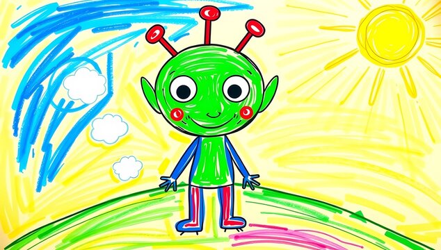 Child drawing of a cute green alien character standing on a grassy hill under the sun