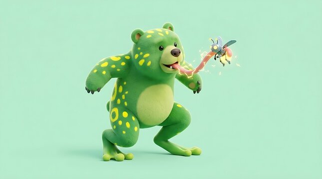 Green 3d cartoon bear frog hybrid catching a mechanical firefly