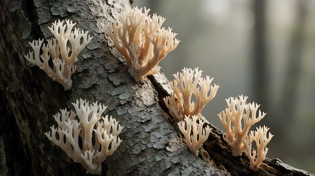 Coral fungi growing from tree bark in a forest close-up