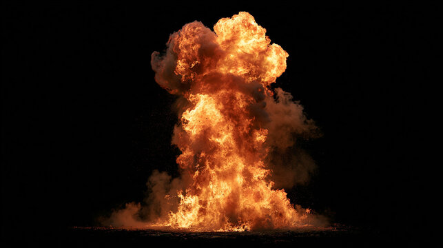 Vertical Fire Blast Explosion Pillar with Flames Smoke and Burning Particles Isolated on Black Background